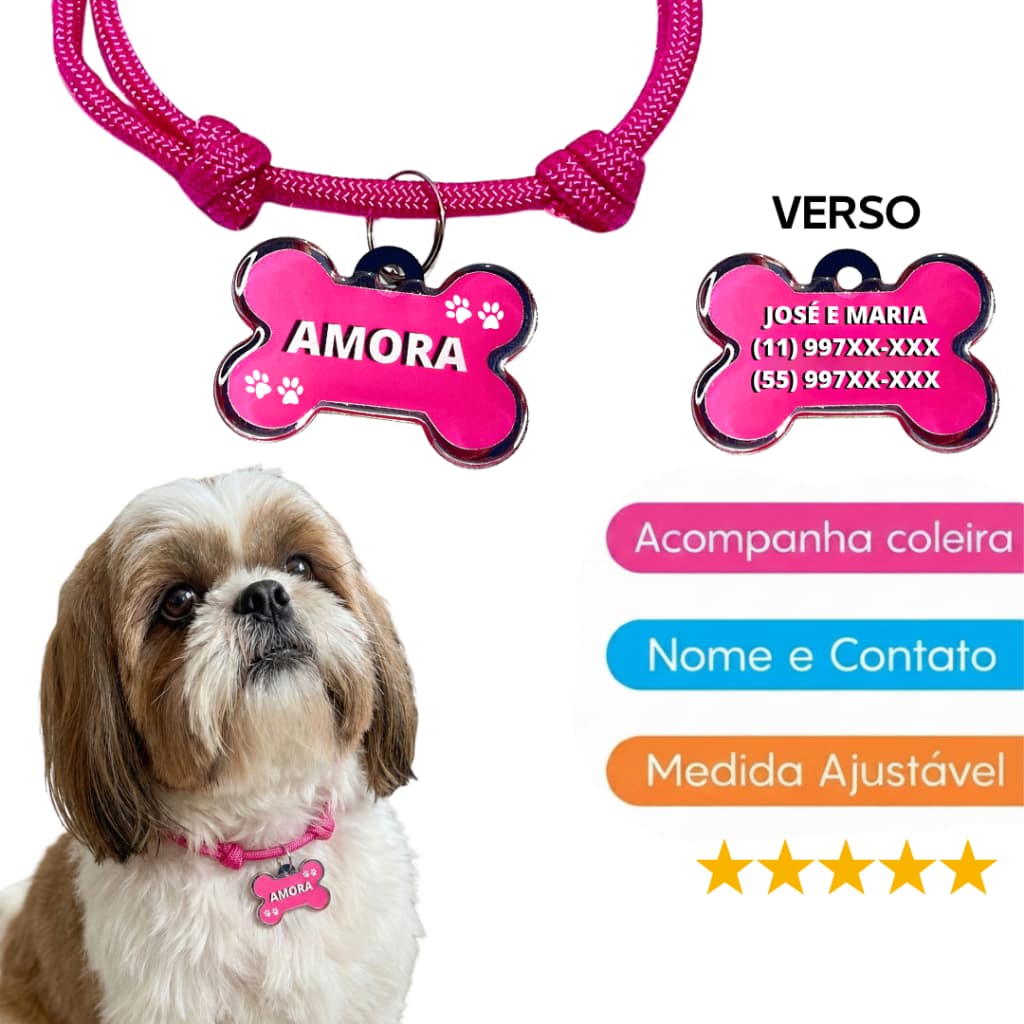 Coleira De Identificação Para Cachorro Ajustável Com Nome e Telefone Gravados
