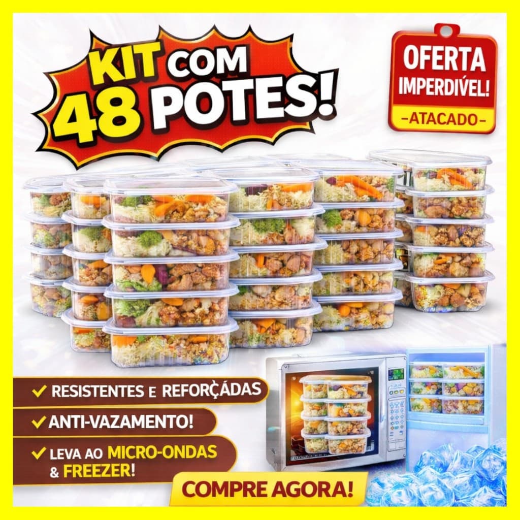 24/48 Potes Marmita Descartável 250/350/500/750/1000ml Fitness Fit Freezer Microondas dieta PRAFESTA