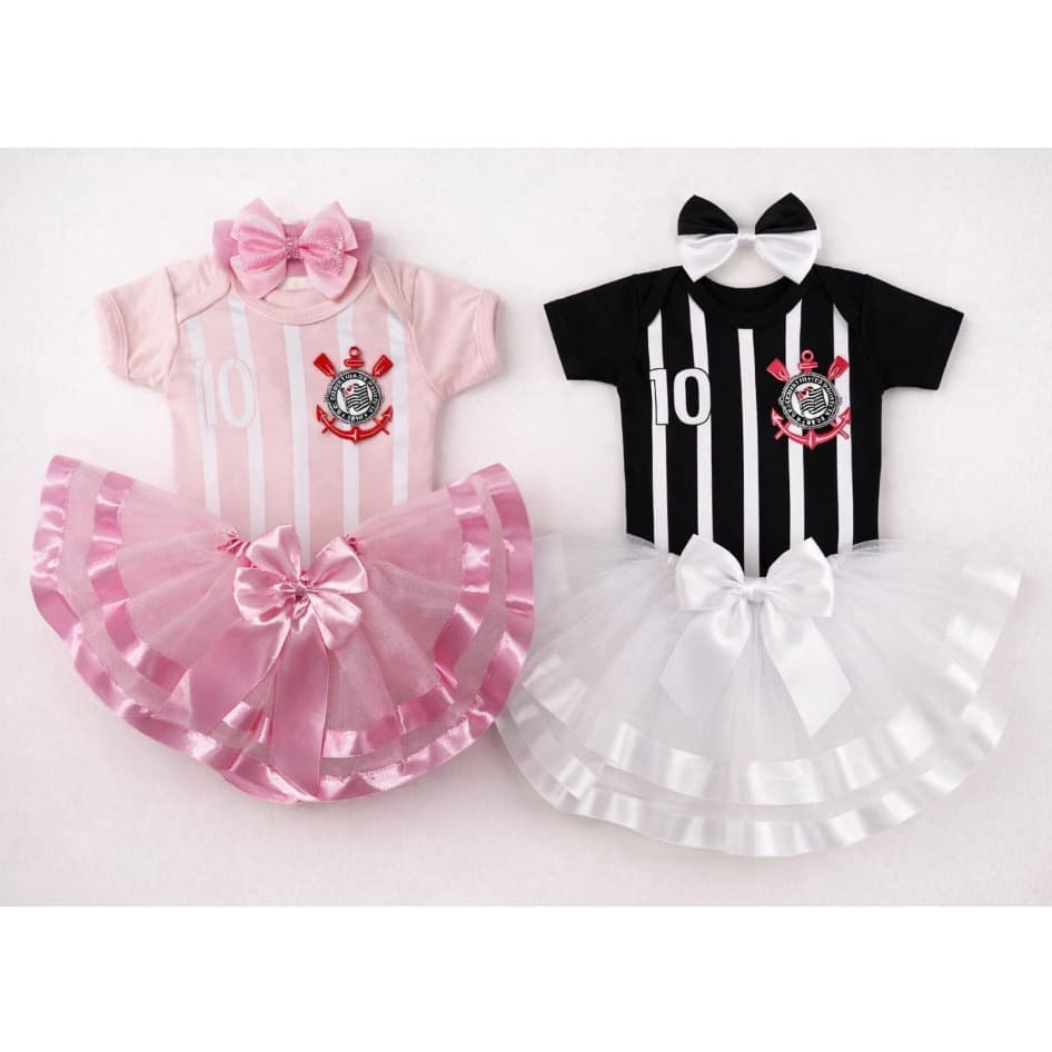 Body Bebê Menina Corinthians Mesversário com Tule de Luxo e Laço Kit Torcedora