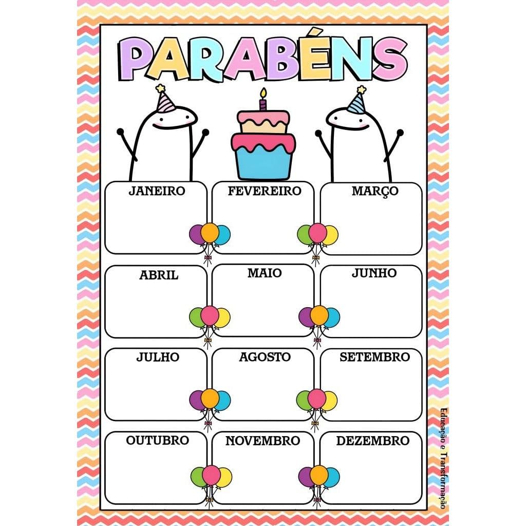 Banner Pedagógico Calendário de Aniversários Infantil Escolar | Parabéns | Decoração Educativa