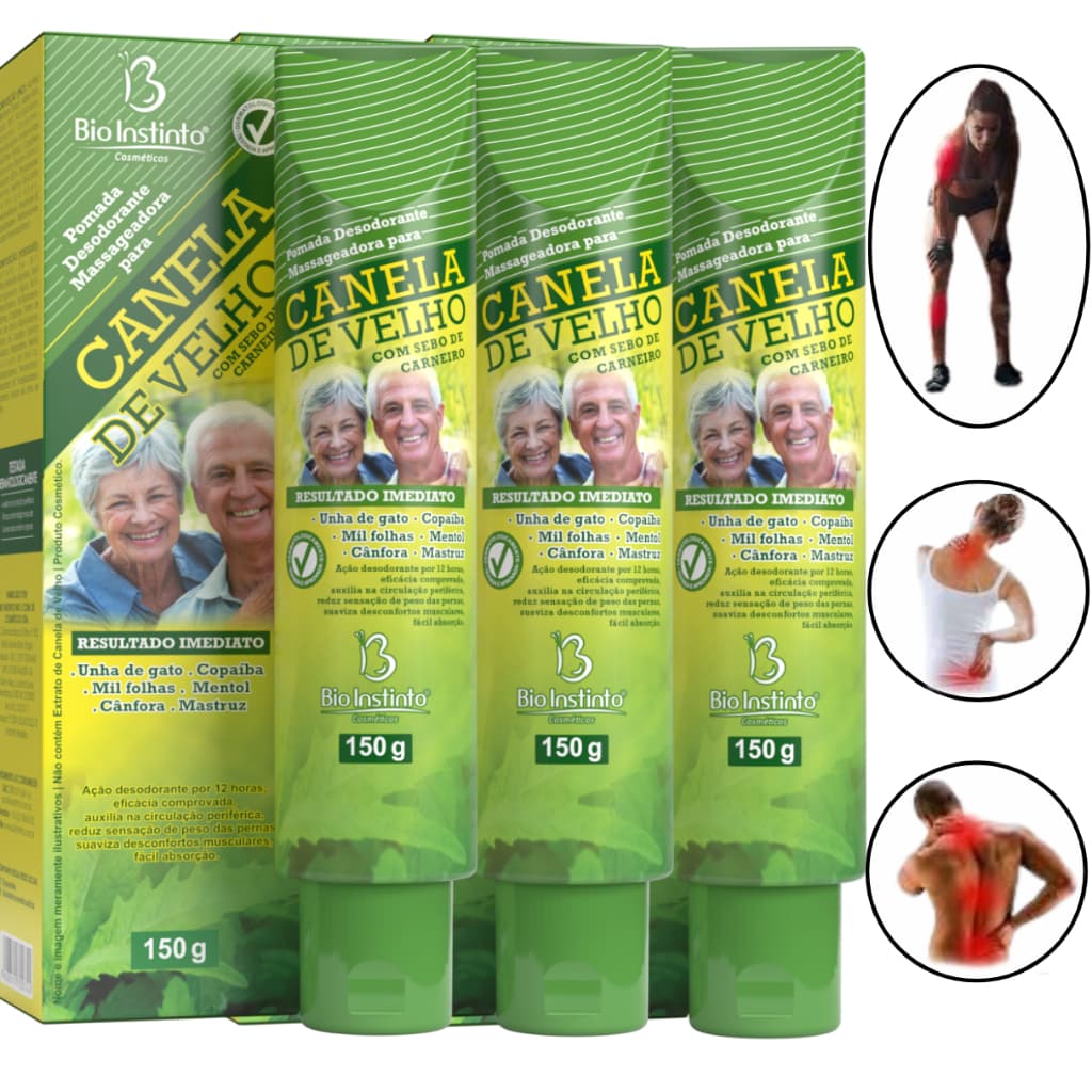 Kit 3 Pomadas Canela de Velho 150g Bio Instinto – Unha de Gato, Copaíba e Mentol - Envio Imediato