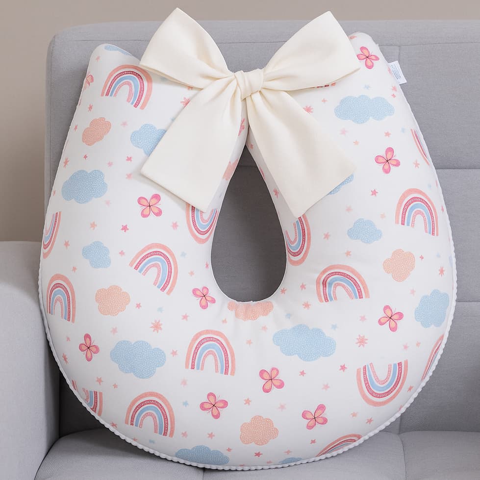 Almofada de Amamentação com Laço Macia 100% Algodão com Zíper e Capa Removível com Pompom Unissex