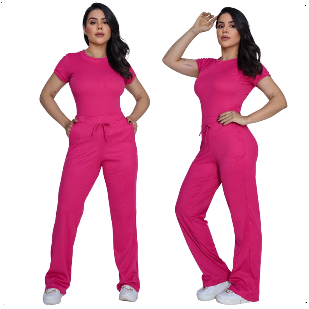 Conjunto Blusa e Calça Pantalona Feminino Canelado Elegante Casual Confortável Manga Curta