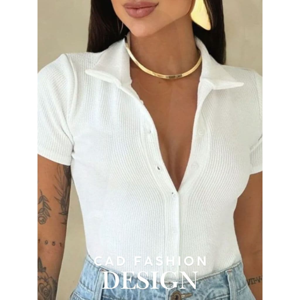 Body Polo Feminino /Tecido Anaruga Canelado/ Gola Polo Botões