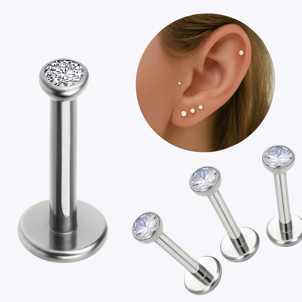 KIT 3 Piercing Titânio Ponto Luz Zircônia Helix Conch Labret Pvd Dourado, Prata, Gold, Silver