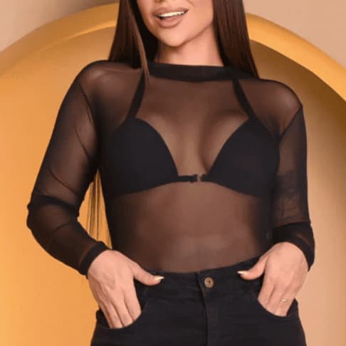 Body Tule Feminino Blusa Feminina Manga Longa Influencer Virginia Verão Segunda Pele