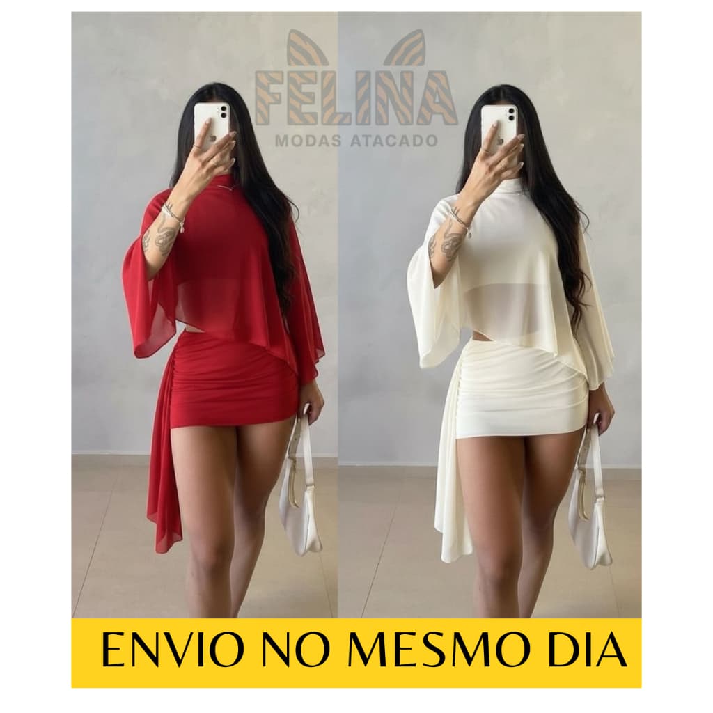 Conjunto Feminino Top e Saia com Tule Manga Longa Moda gringa