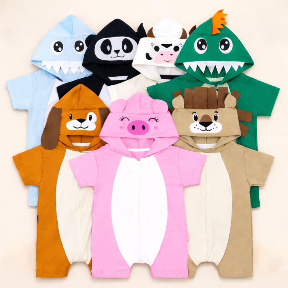 Macacão Bebê Bichinho com Capuz Bordado Divertido e Confortável Verão 0 a 24 Meses