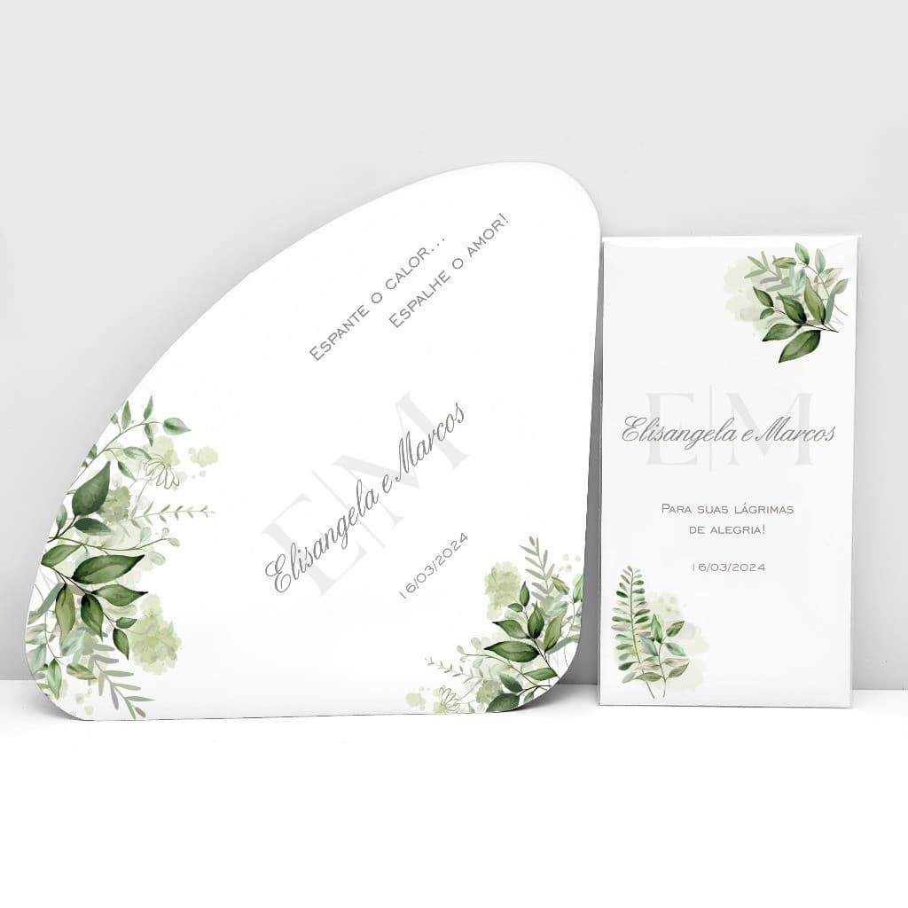 Kit Lágrimas de Alegria + Ventarolas Leques Personalizados Casamento Verde Folhagem Minimalista