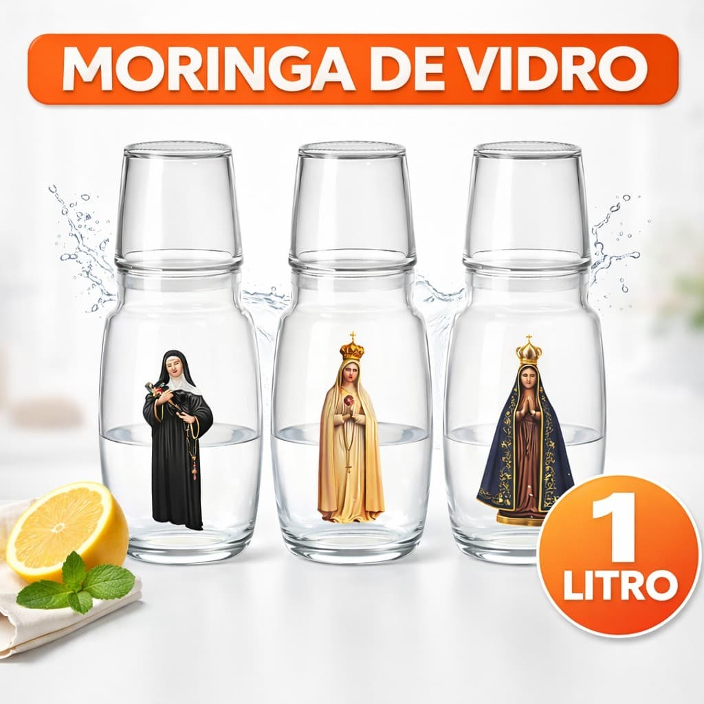 Moringa De Vidro 1L Com Copo Tampa Personalizada Religiosa Aparecida Santa Rita Fátima