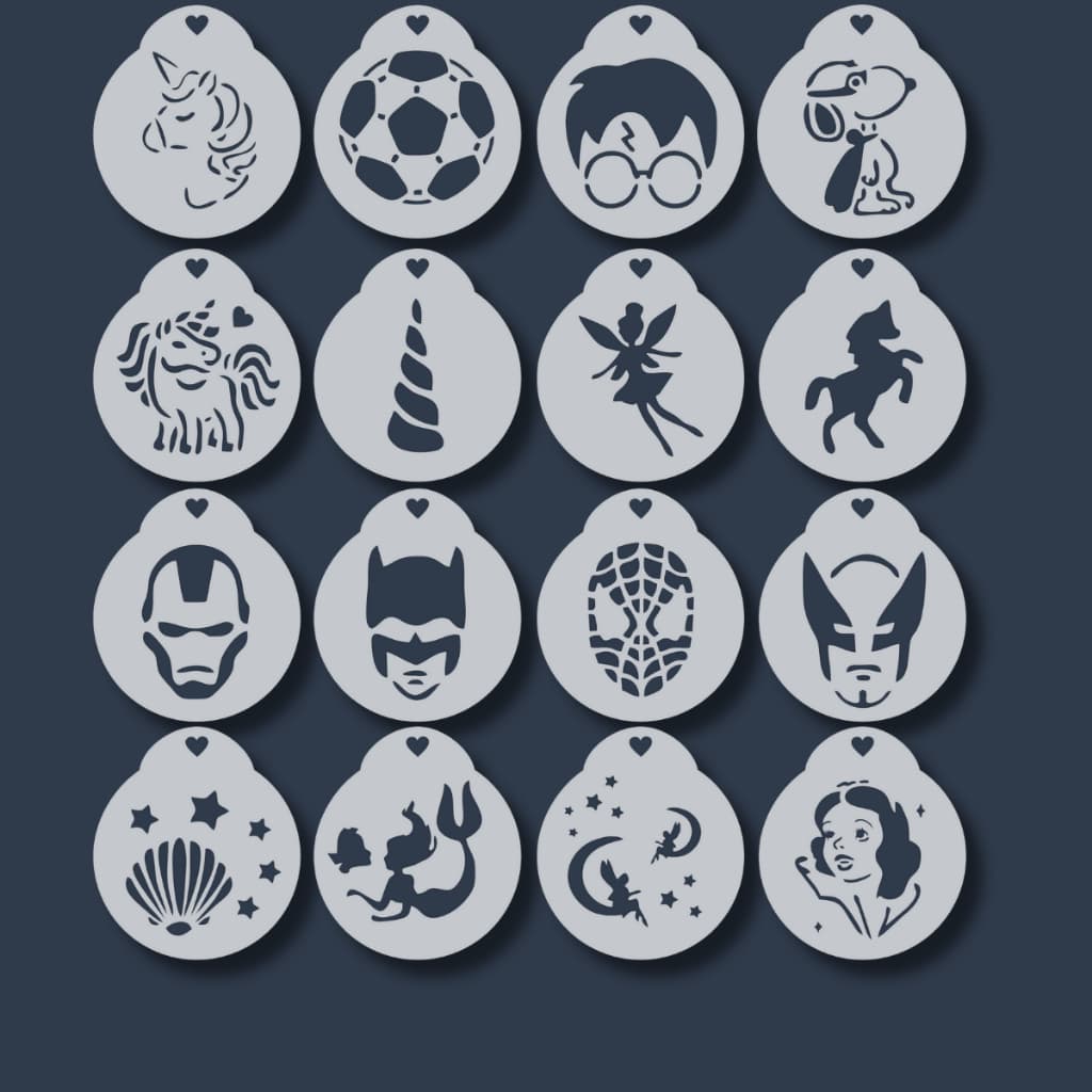 Kit 16 Stencil Personagens Infantis Moldes Educativos para Criança Tatuagem Infantil Pintura Facial