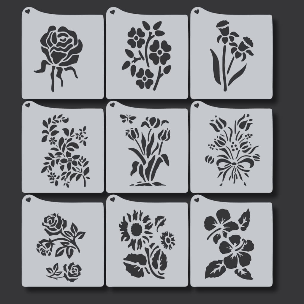 Kit 9 Stencil Flores e Folhas Moldes para Pintura, Tecido, Artesanato, Pano de Prato, Caixas, Mdf