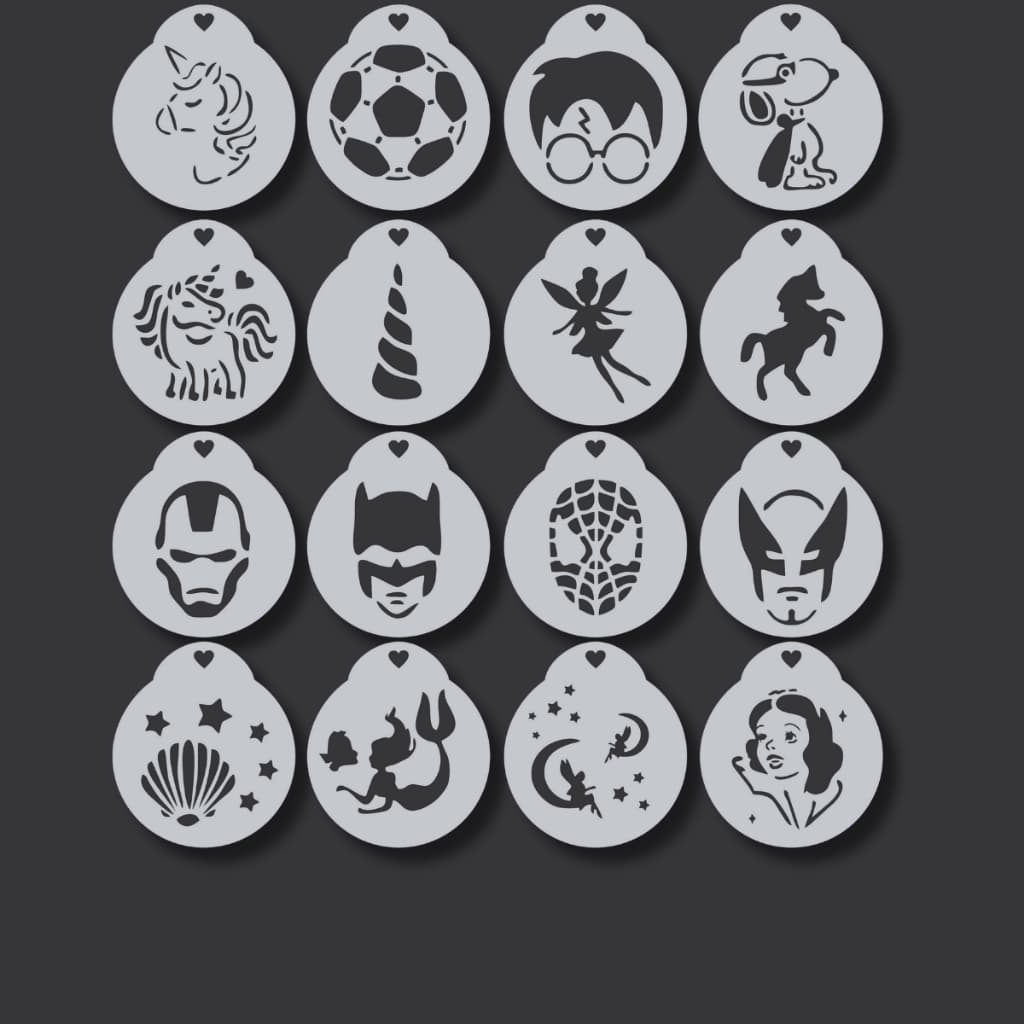 Kit 16 Stencil Molde Vazado Personagens Infantis Super Heróis Educativos para Pintura Facial, Tecido