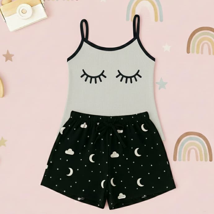 Baby Doll Infantil Malha Confort Cilios cinza Fofo Pijama Verao Roupa De Dormir Short Doll Menina