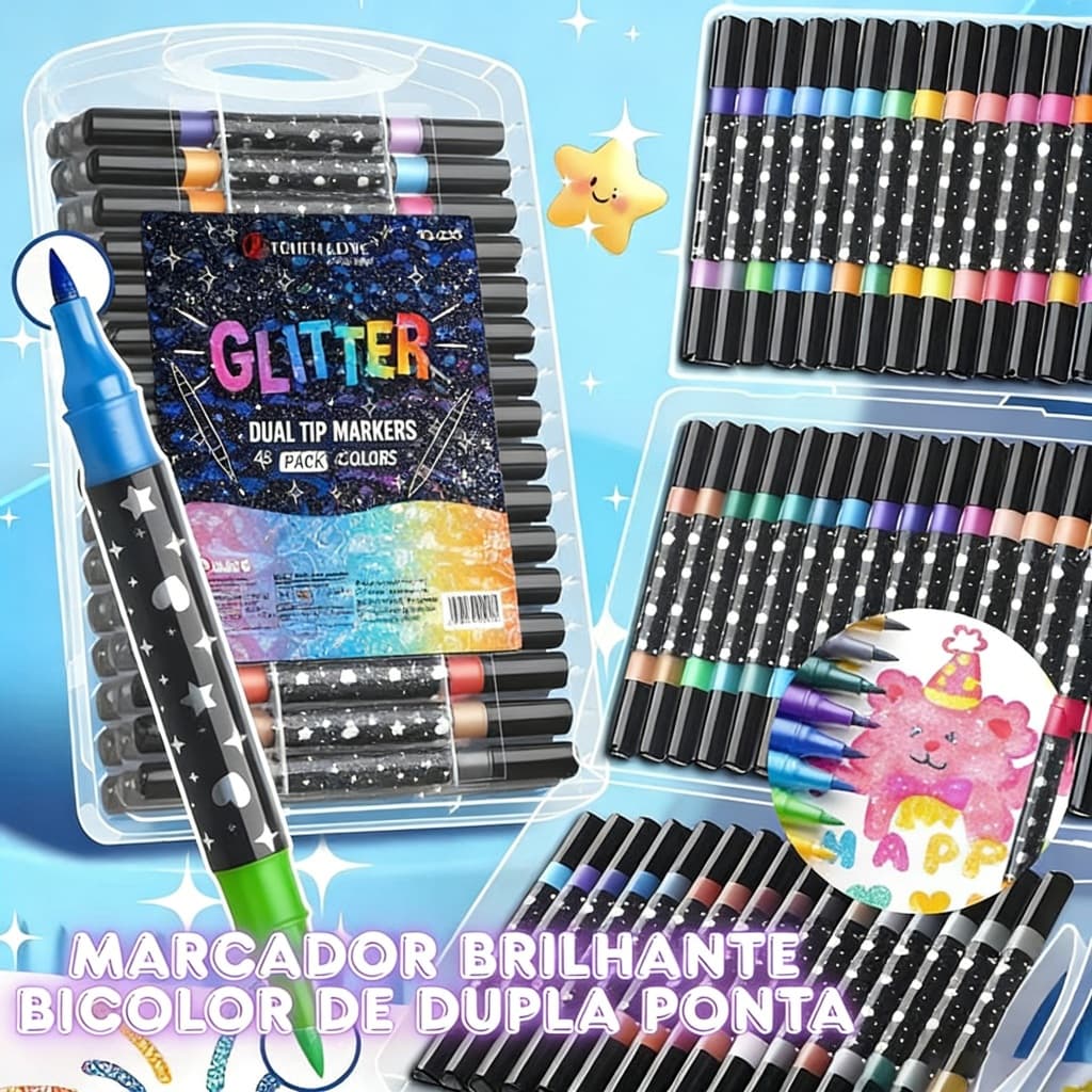 Caneta Marcadora Glitter Dupla Ponta 48/72/96 Cores | Arte, Escola, Planner, Desenho