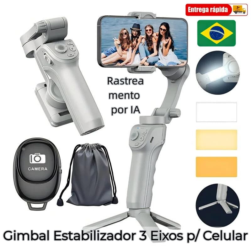 Estabilizador de Celular Portátil Gimbal Facial IA Vídeos 3 Eixos Tripé Dobrável Profissional