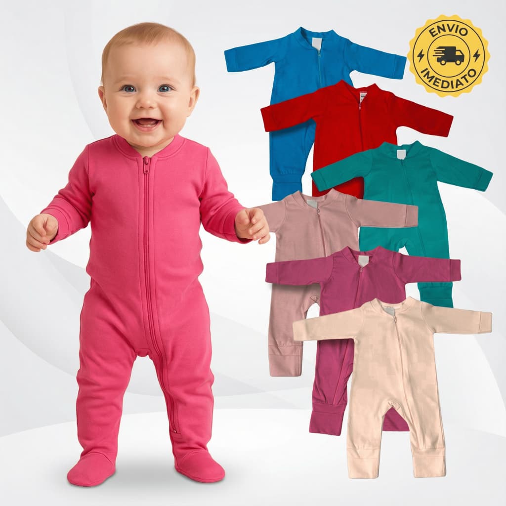 Kit 5 Macacão Bebê P M G Algodão Zíper Vira Pé Inverno Menino Menina Macacões