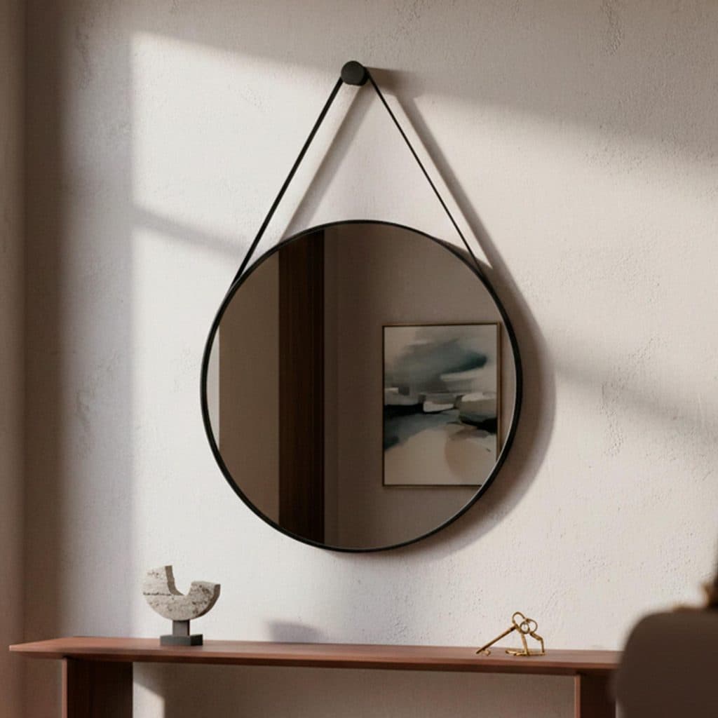 Espelho Redondo com Alça em Couro 60cm Espelho para Banheiro Lavabo Espelho Decorativo Parede