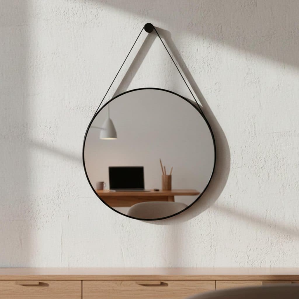 Espelho Redondo Para Banheiro Alça Couro Espelho Decorativo 60cm Suporte Sala Hall Espelho Adnet
