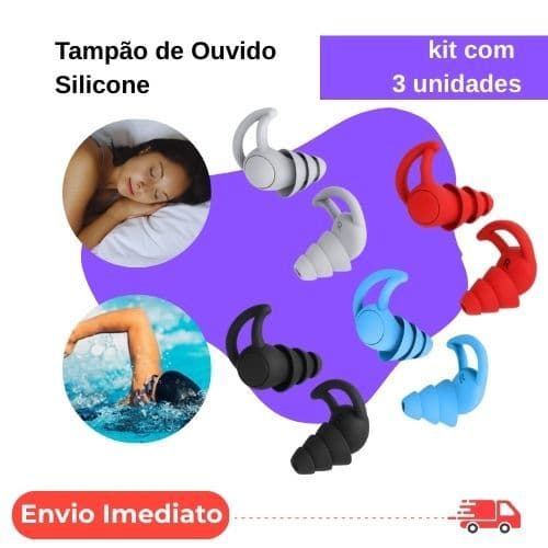 Kit 3 Protetor Auricular de Silicone – Branco, Vermelho, Preto ou Azul Redução de Ruídos