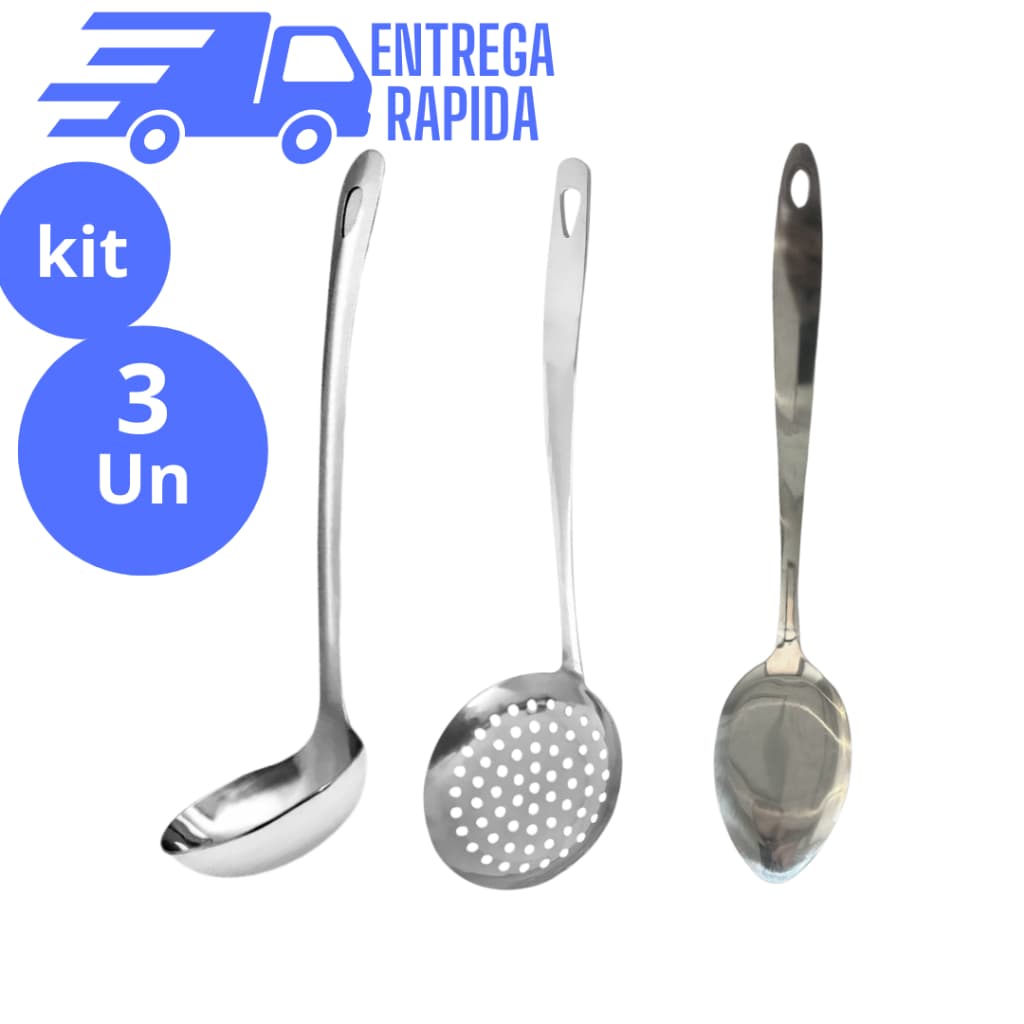 Kit Utensílios de Cozinha 3 Peças 100% Aço Inox Concha Escumadeira Colher de Arroz