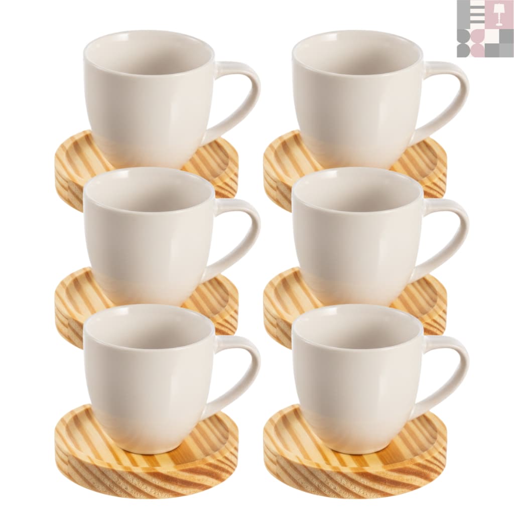 Jogo de Xícaras em Porcelana Café Expresso - 12 Peças Pires em Madeira (6 xícaras 80 ML + 6 pires)