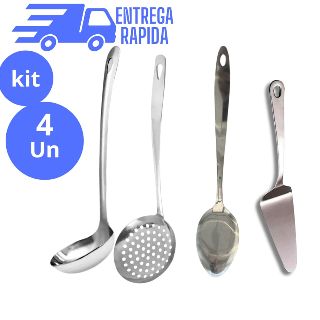 Kit 4 Utensílios de Cozinha 100% Aço Inox Concha, Escumadeira Colher de Arroz e Espatula para Bolo
