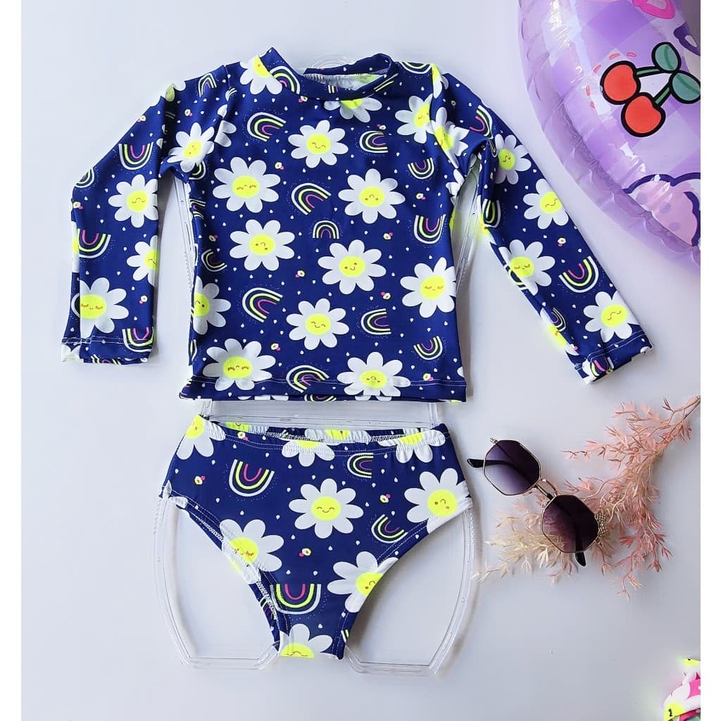 Biquíni Infantil Menina Manga Longa Estampado Praia Piscina Proteção Solar Confortável Kids Verão