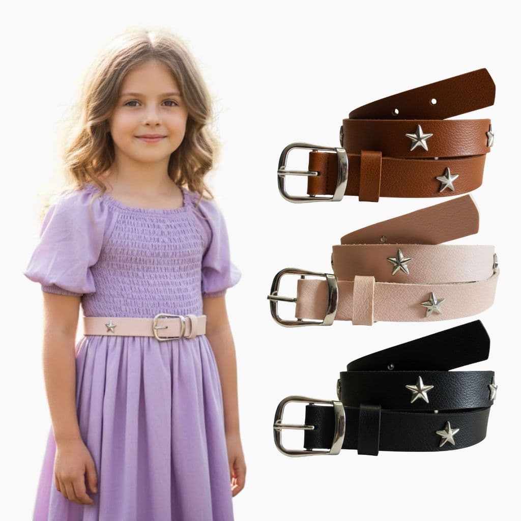 Kit 3 Cintos Infantil Fino Estilo Sereia com Estrelas e Fivela Prata para Meninas - Estrelinha