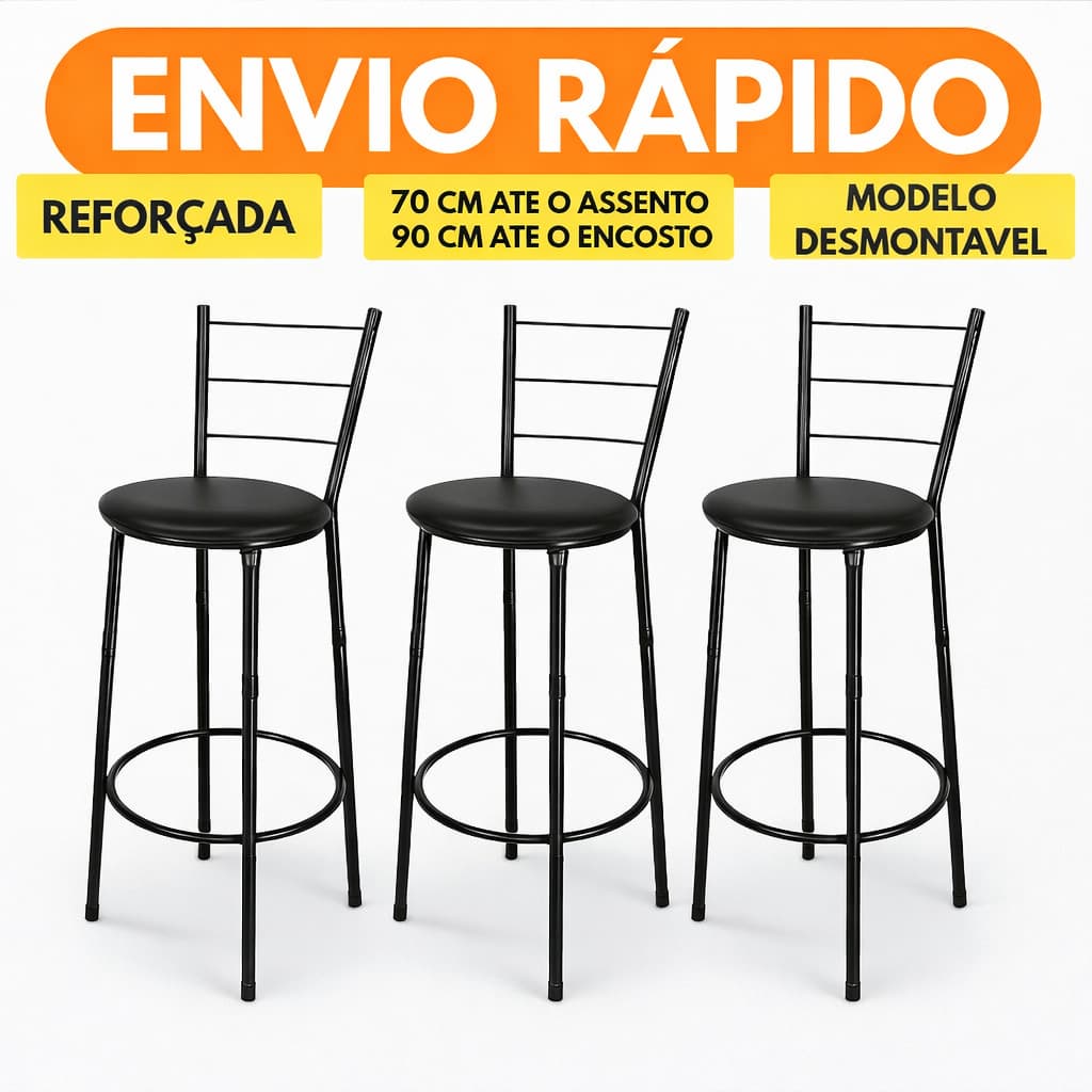 Banqueta Alta Desmontavel KIT com 3 Banquinho Banco Cozinha Bar Balcao