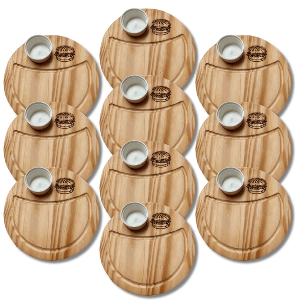 Kit 10 Tabuas de Lanche Servir Hamburguer Petisco Madeira Pinus com 1 Ramequim