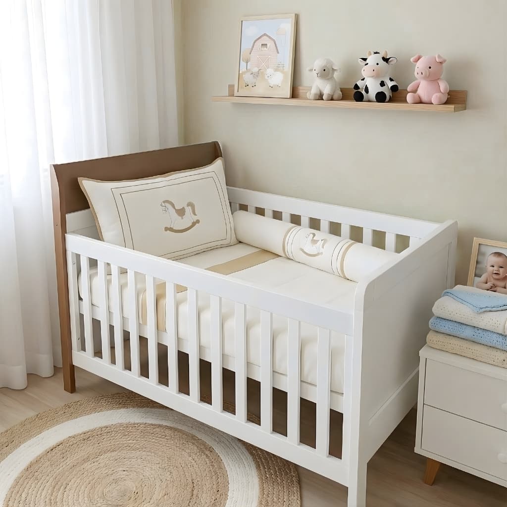 Kit Berço Americano Cavalinho Menino Flores Enxoval Feminino  Com Mosquiteiro  Bordado Antialérgico