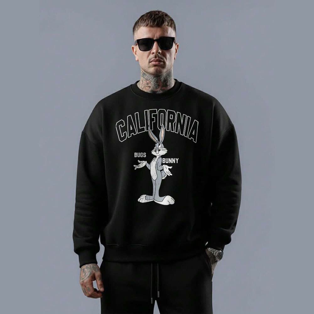 Moletom masculino gola careca blusa streetwear california bugs bunny desenho animado rabbit
