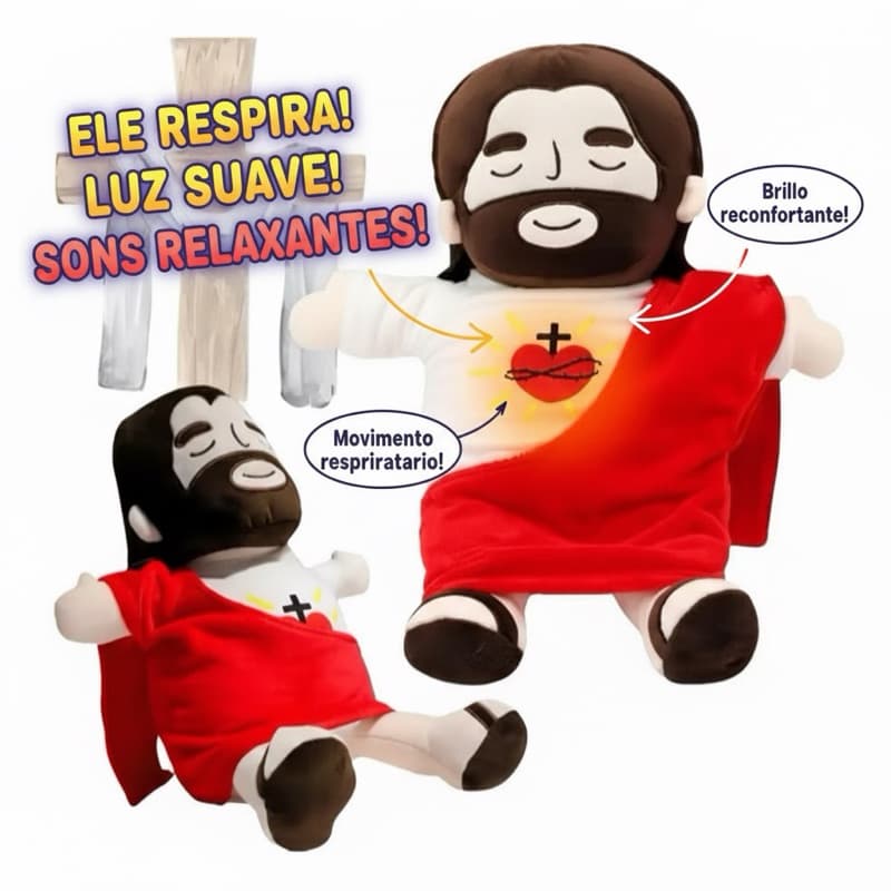 pelucia urso Jesus respira barriga luz respiração ansiedade proteção dormir barriga brinquedo