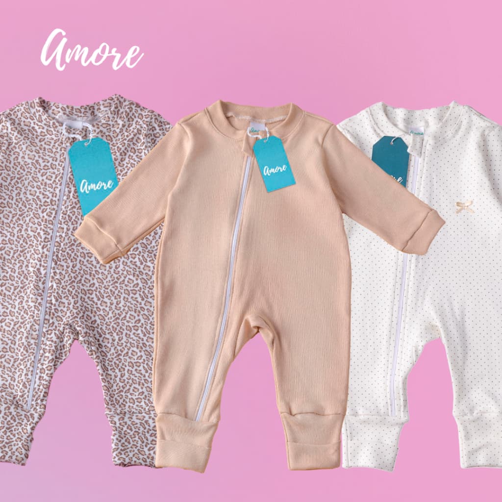 Kit 3 Macacões Bebê Menina Amore Vira Pé com Zíper Animal Print 100% Algodão
