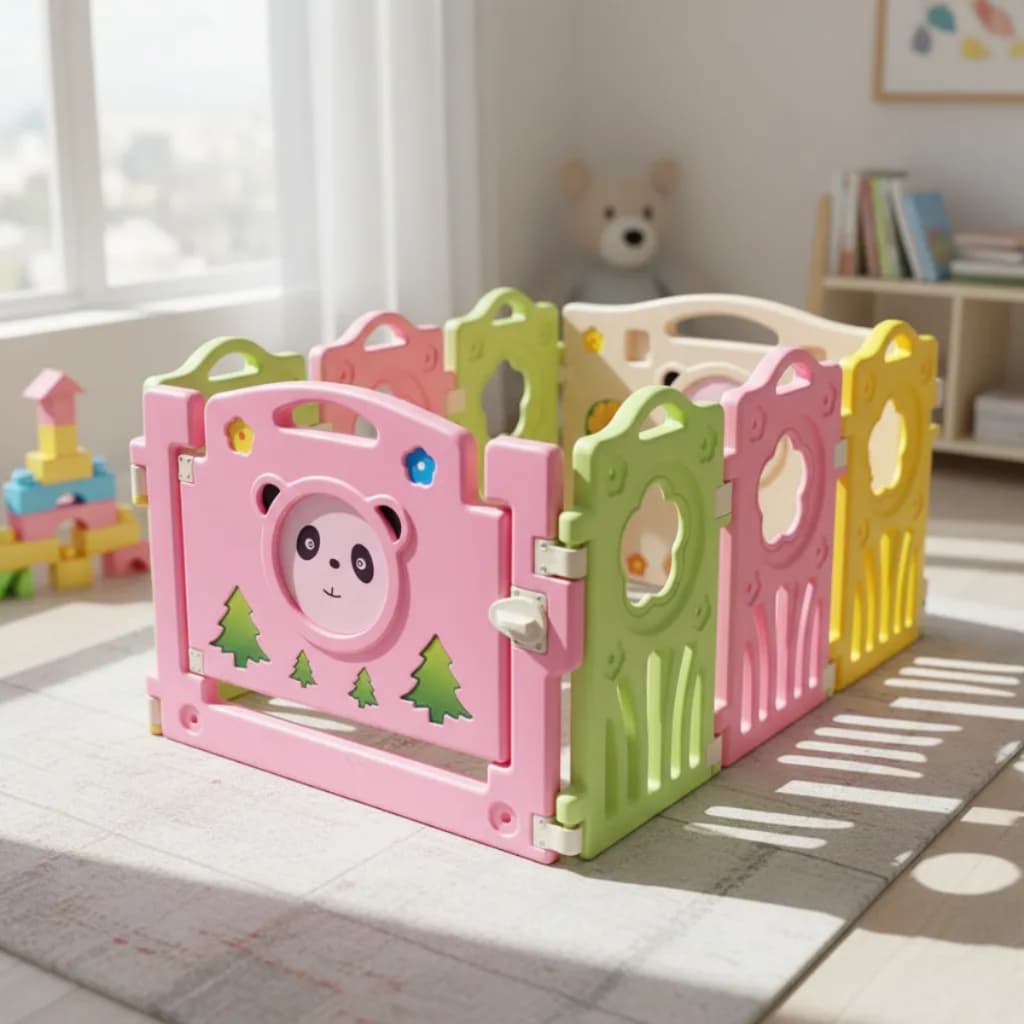 Cercadinho Infantil 8 Módulos com Ventosa Porta com Trava Estrutura Segura Montagem por Encaixe Ideal para Área Interna