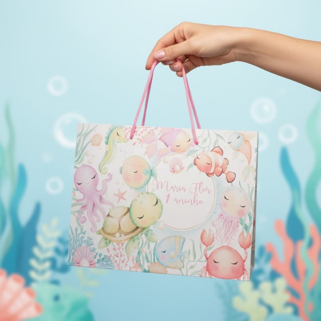 10 Sacolinhas Personalizadas (G) Fundo do Mar Aquarela Rosa (20x16x6cm)