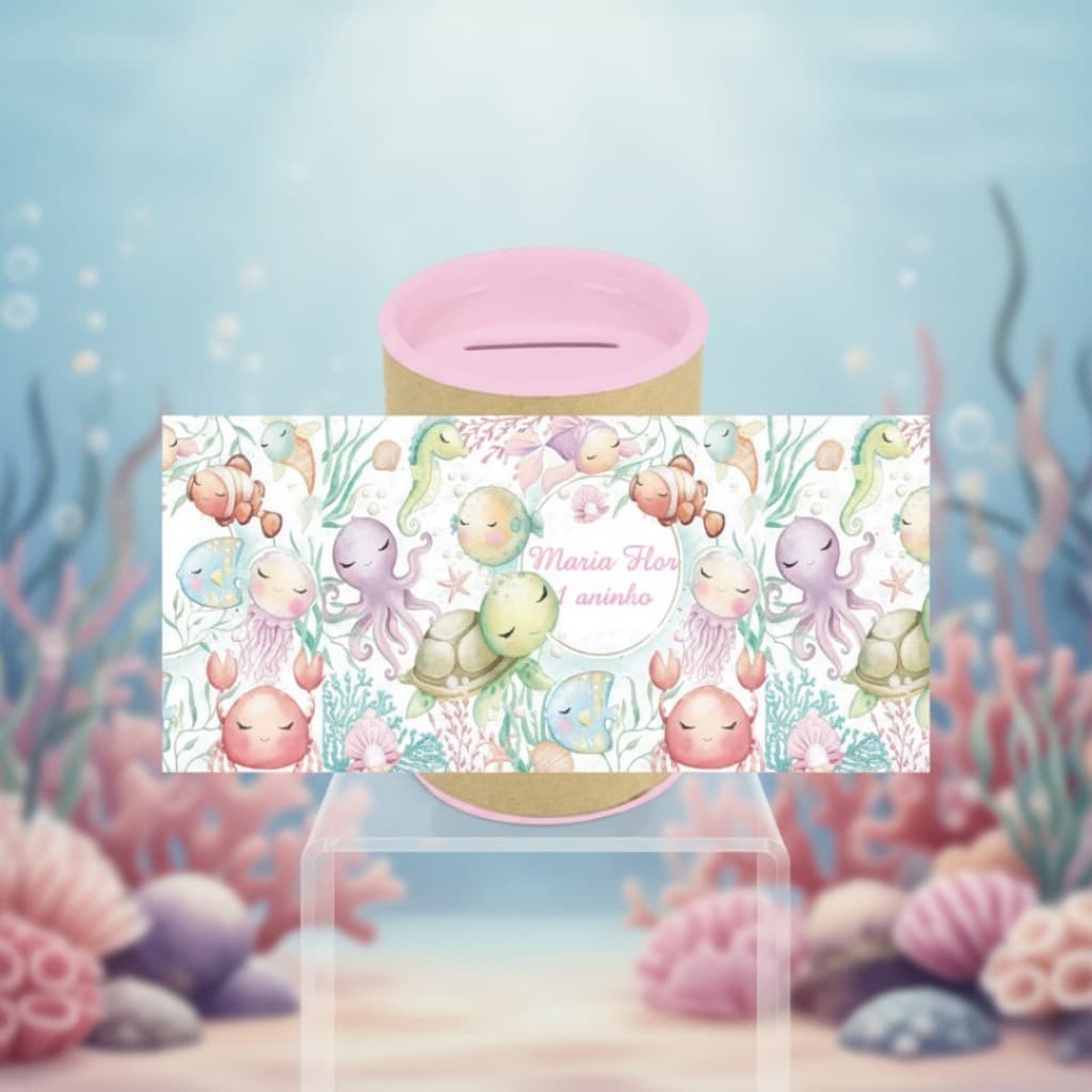 10 Cofrinhos Personalizados Festa Fundo do Mar Aquarela Rosa