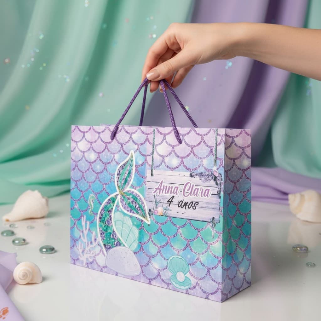 10 Sacolinhas Personalizadas Festa (G) Sereia (20x16x6cm)