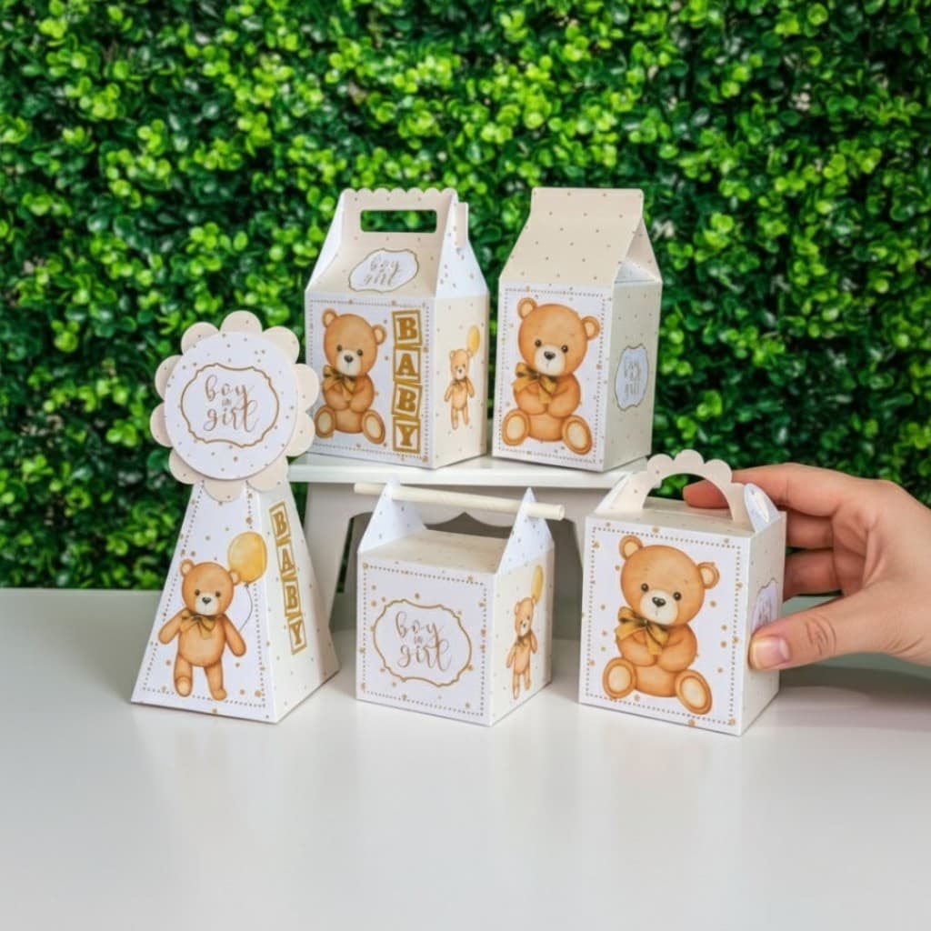 Kit Chá Revelação Ursinho Bege Neutro - Lembrancinhas - Chá de Bebê Pegue e Monte