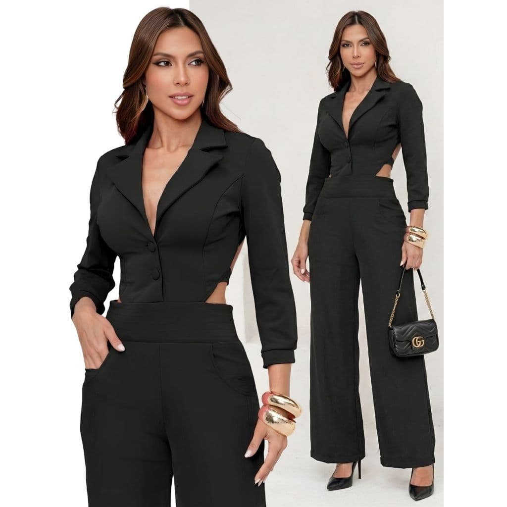 Macacão Feminino Blazer Longo Montaria Elegante Calça Pantalona