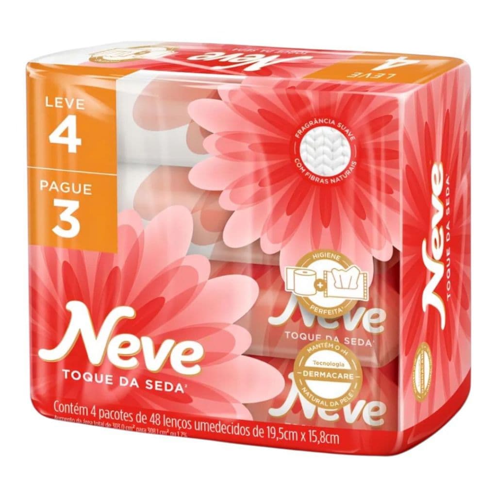 Kit 4 Pacotes C/48 Lenços Toalhas Umedecidos Neve Toque de Seda Total 192 unidades