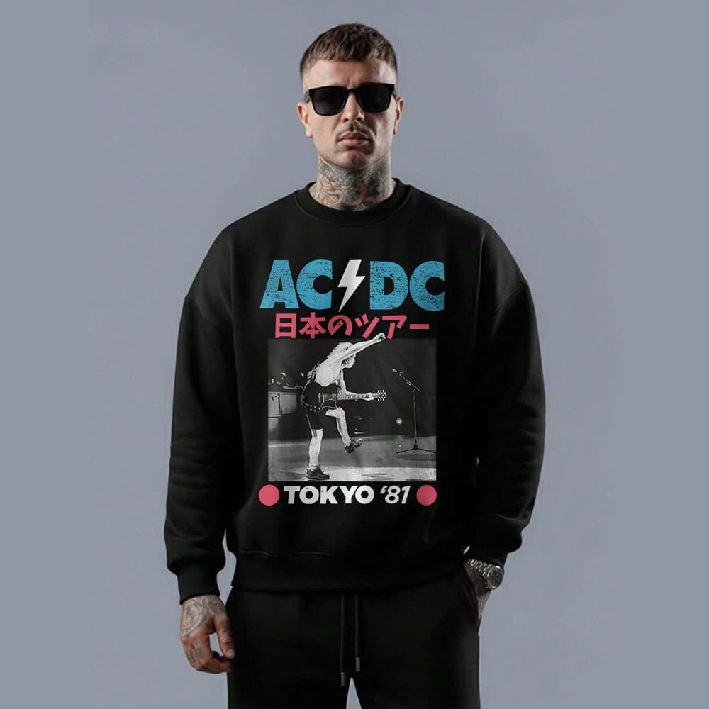 Moletom masculino gola careca blusa em algodão moda rock metal ac dc tokyo tour 81 estilo retrô