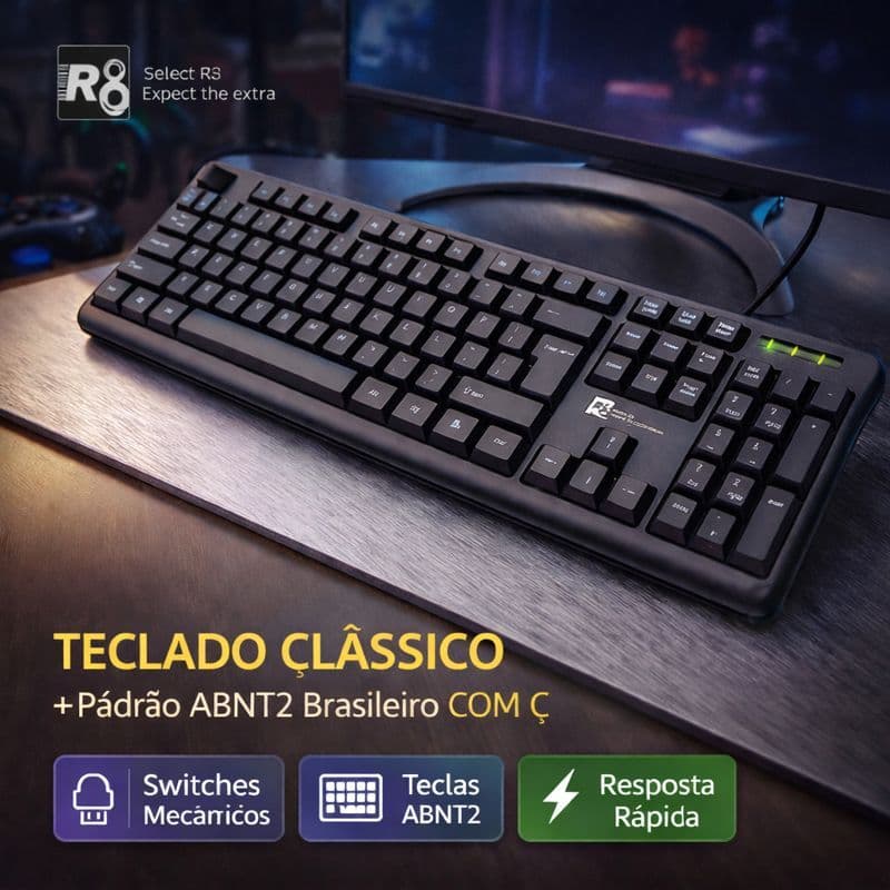 Teclado Office R8 com Fio Usb Abnt2  Silencioso para computador notebook Home Office Escola Trabalho