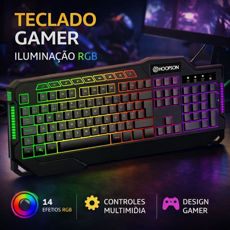 Teclado Gamer Semi Mecânico RGB Anti Ghosting com Iluminação LED Colorida para PC e Notebook