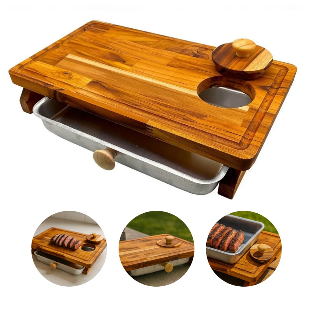 Tábua de Churrasco para Corte de Carne Madeira Teca Com Gaveta para Armazenamento Profissional 41cm