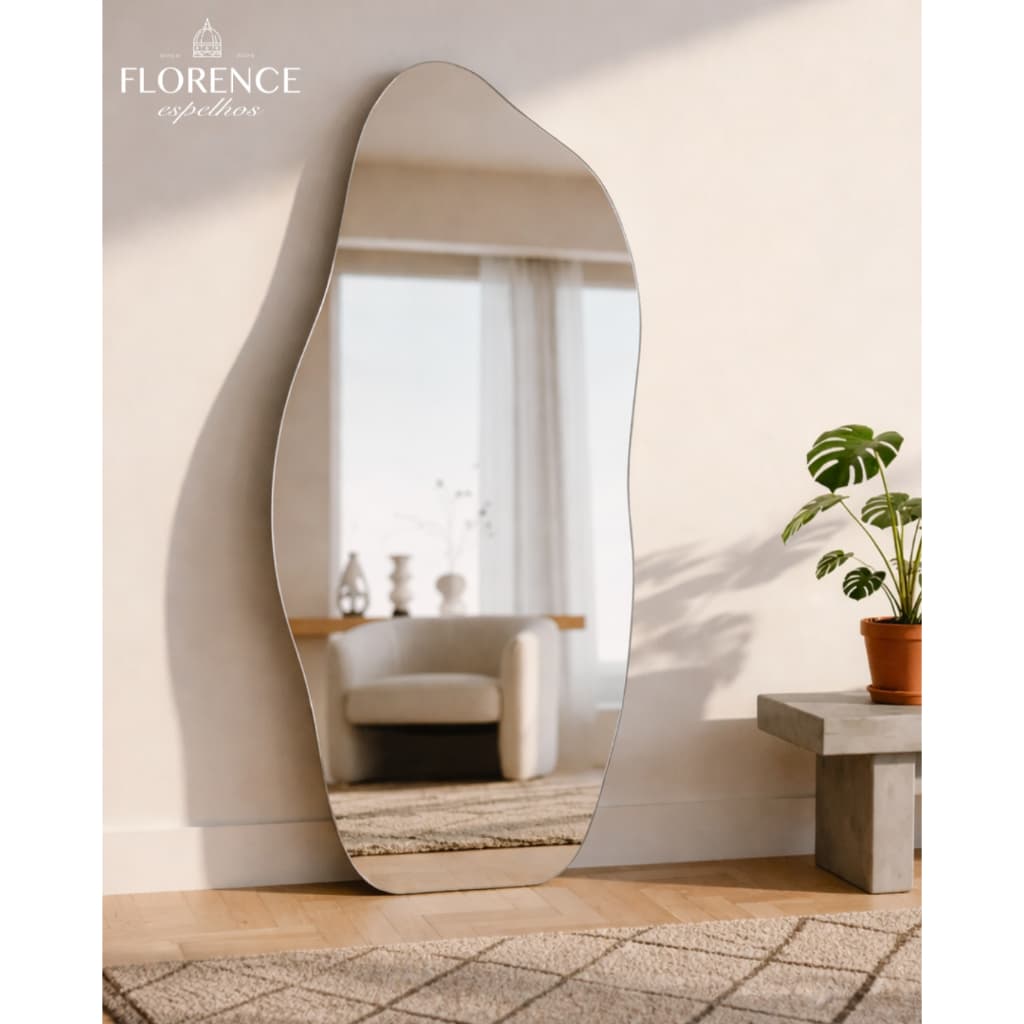 Espelho Orgânico 120X50 e 80x40 Lapidado Moderno Grande Form Flame Com Suporte Invisível Luxo