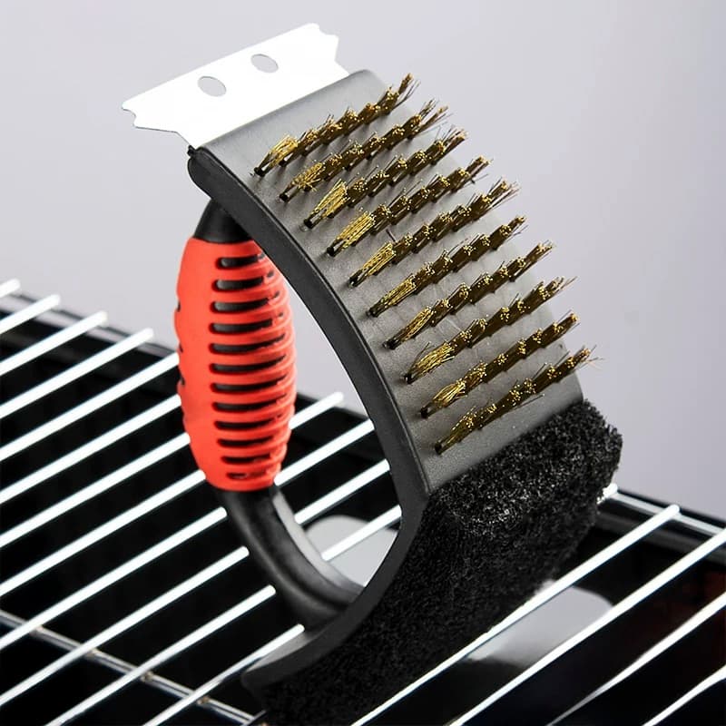 Escova Para Limpar Grelha Com Cabo 3 Em 1 Com Espátula e Esponja Abrasiva Aço Inox