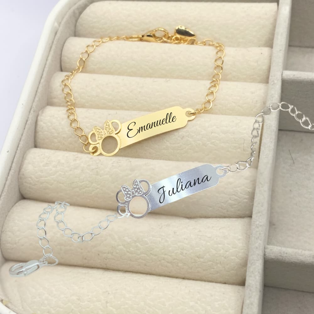 Pulseira Infantil RN Bebê Personalizada Minnie Banhada A Ouro 18K Prata Gravação A Laser Nome