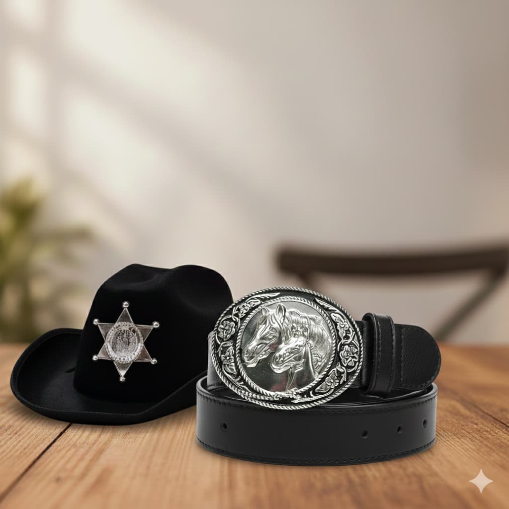 Chapéu de Xerife Preto Infantil com Estrela e Cinto Country com Fivela Grande - Acessórios de Fantasia
